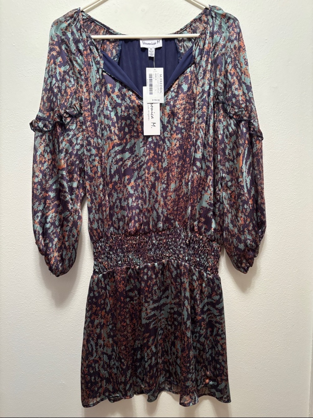 Veronica M Teal Plum Copper Smocked V-Neck Printed Mini Dress